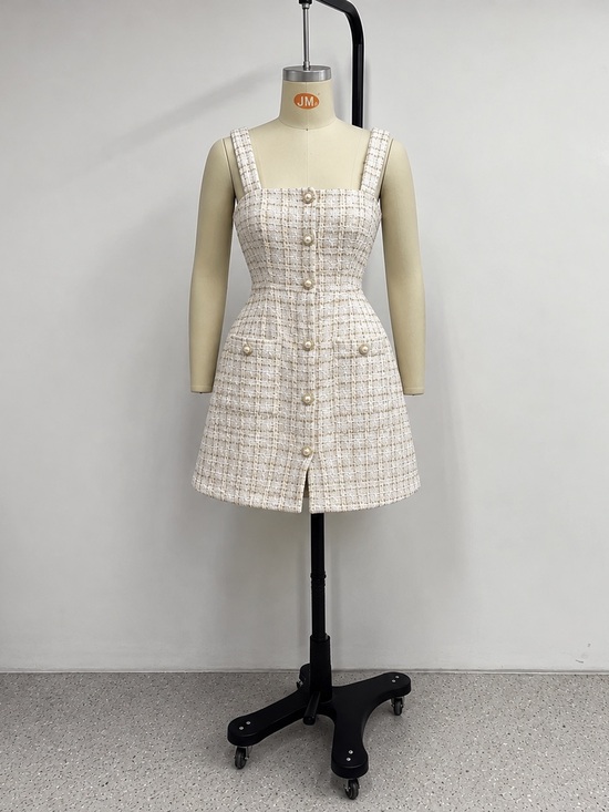 Dresses & Skirts - Elegant Cream Tweed Button-Front Mini Dress